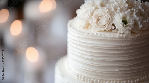 A beautifully designed two-tier white wedding cake featuring flowers and bead decorations, symbolizing love and care put into creating something special for a memorable event. photo