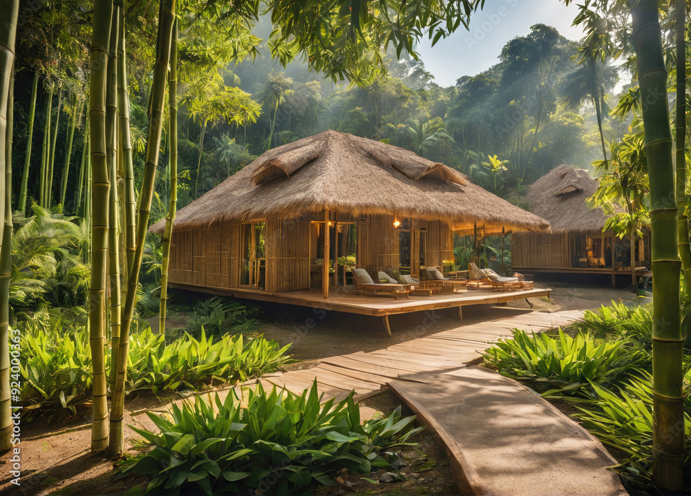 Tranquil Bamboo Retreat Surrounded By Lush Greenery In A Tropical Forest Setting
