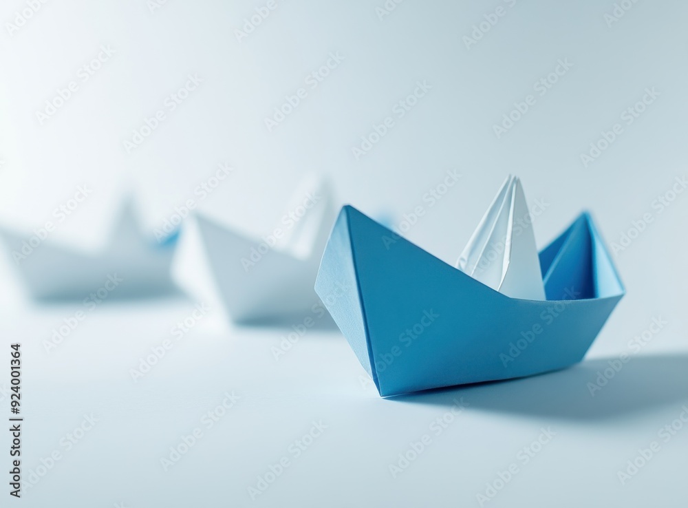 blue paper boat leading other white boats on the water, symbolizing market leader blue paper boat leading other white boats on the water, symbolizing market leader