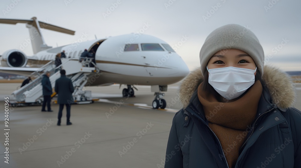 A young Asian woman in a protective mask stands on the tarmac, ready to board her flight, with other passengers boarding a nearby plane A young Asian woman in a protective mask stands on the tarmac, ready to board her flight, with other passengers boarding a nearby plane