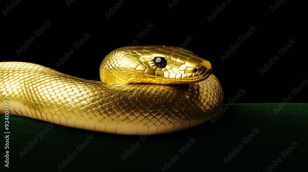 Naklejka premium A luxurious and elegant New Years greeting card design featuring a minimalist gold snake on a deep green background with intricate details and a bold 2025 in metallic typography