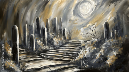 Abstract eerie Halloween landscape with towering monoliths and swirling moonlit sky, dark surreal forest