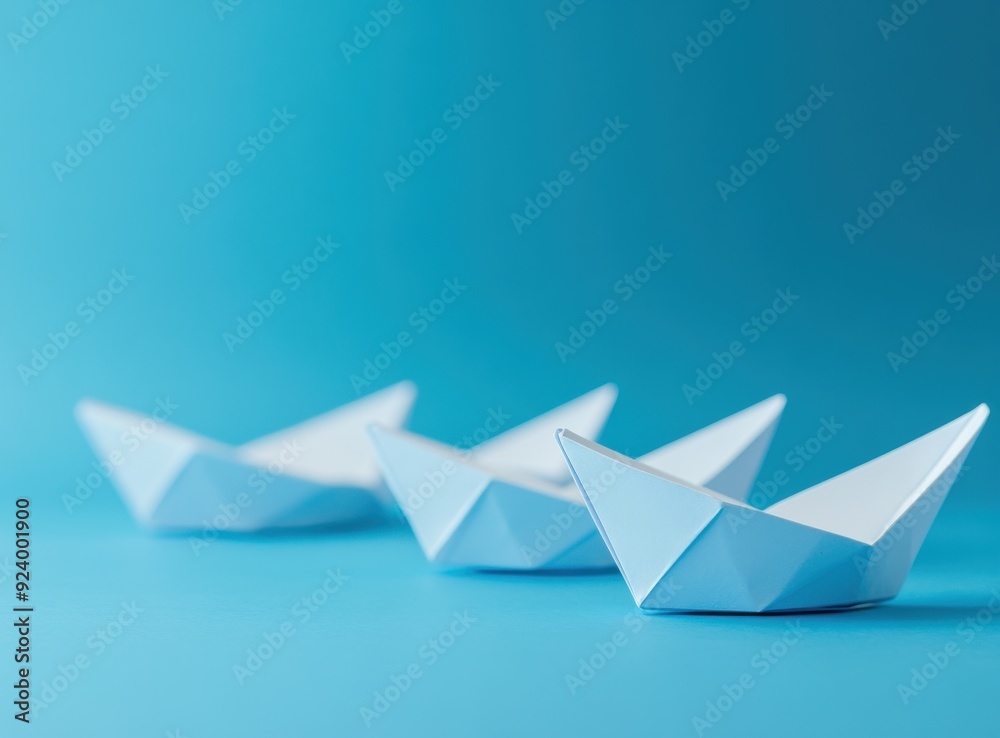 blue paper boat leading other white boats on the water, symbolizing market leader blue paper boat leading other white boats on the water, symbolizing market leader