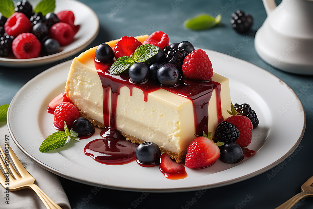 Exquisite cheesecake with creamy filling tilted on a white plate, topped with fresh berries and glossy sauce, garnished with mint sprigs Exquisite cheesecake with creamy filling tilted on a white plate, topped with fresh berries and glossy sauce, garnished with mint sprigs