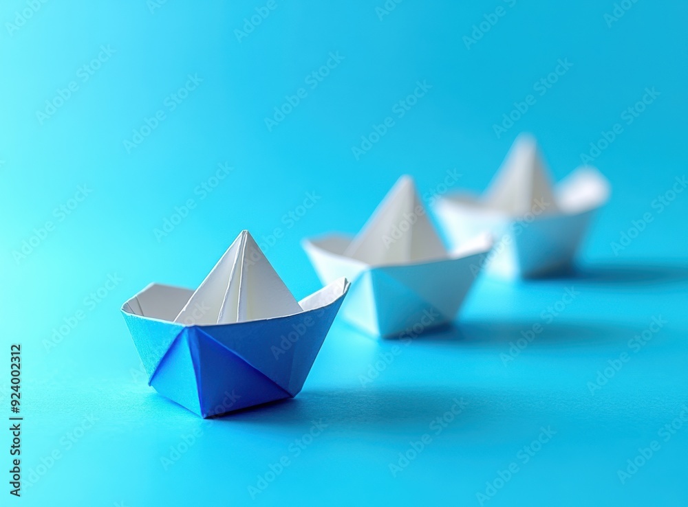 blue paper boat leading other white boats on the water, symbolizing market leader blue paper boat leading other white boats on the water, symbolizing market leader