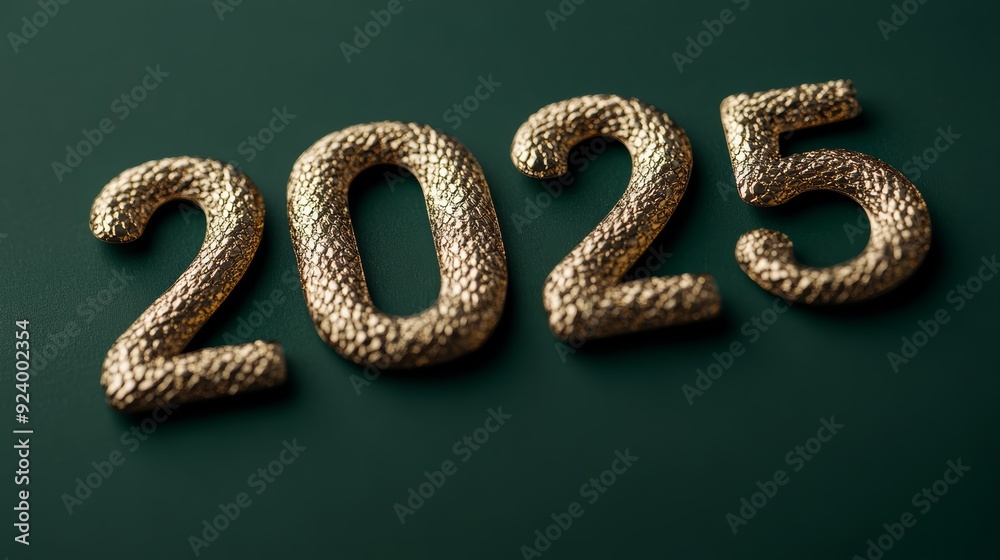 A luxurious and elegant New Years greeting card design featuring a minimalist gold snake on a deep green background with intricate details and a bold 2025 in metallic typography