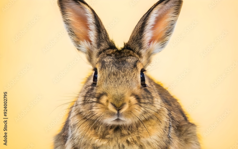 a portrait of a brown Rabbit with a surprised expression, looking into the camera isolated a yellow background. a portrait of a brown Rabbit with a surprised expression, looking into the camera isolated a yellow background.