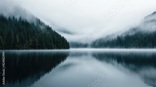 A picturesque misty forest enclosing a calm, reflective lake, creating a serene and tranquil atmosphere perfect for nature photography and peaceful, idyllic escapes.