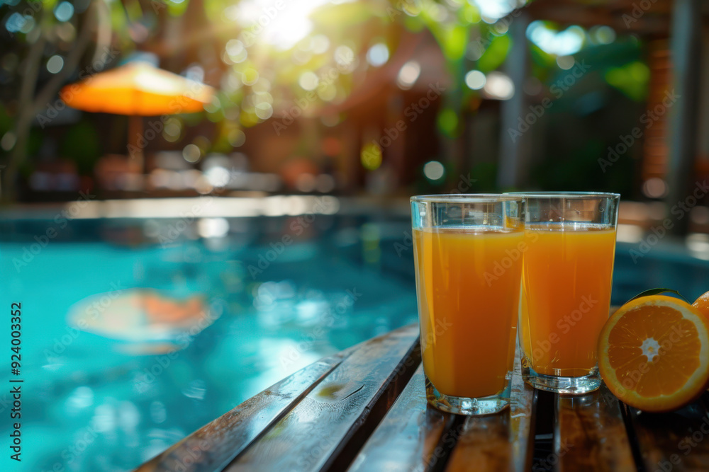 Glass with orange juice and oranges at the swimming pool side Glass with orange juice and oranges at the swimming pool side