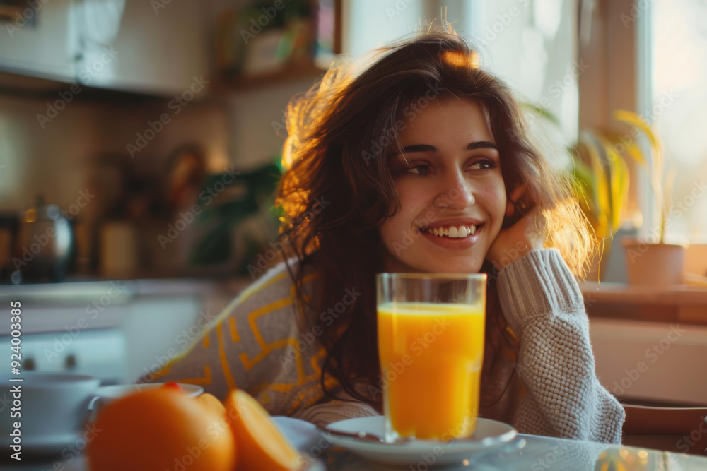 Beautiful young woman having a relaxing breakfast at home, she is drinking fresh orange juice Beautiful young woman having a relaxing breakfast at home, she is drinking fresh orange juice