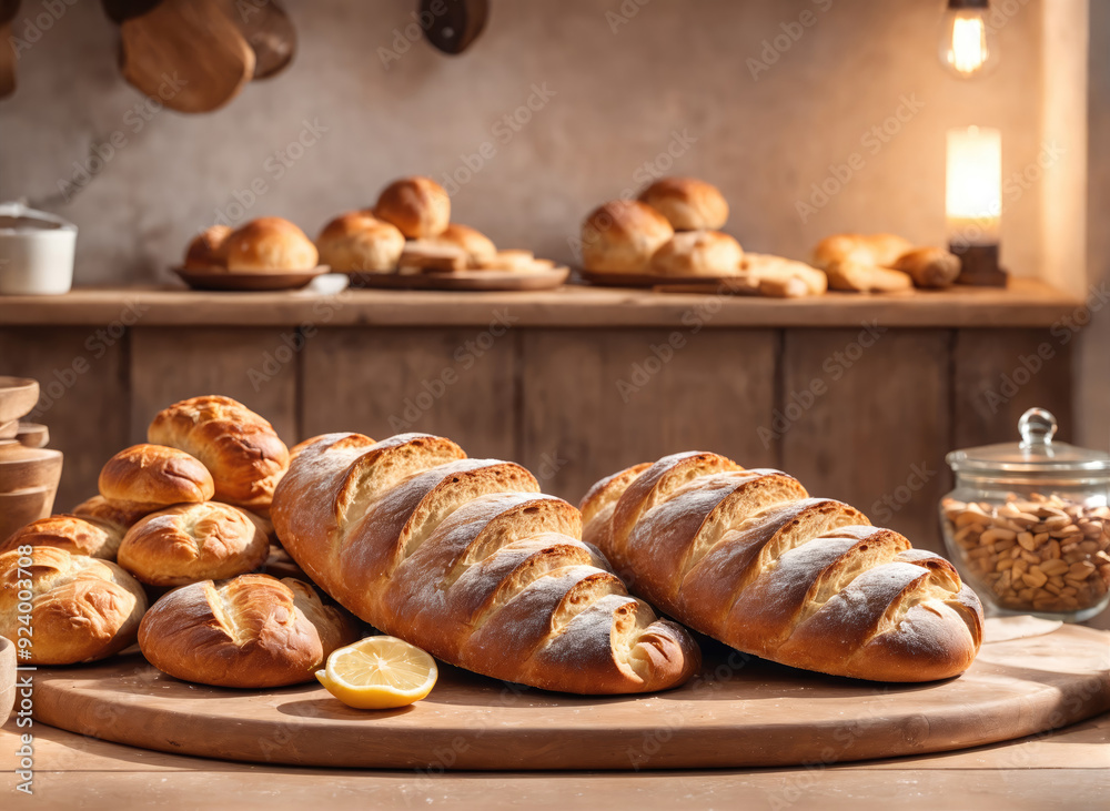 Freshly Baked Bread Arranged on a Wooden Table in a Cozy Bakery at Sunrise Freshly Baked Bread Arranged on a Wooden Table in a Cozy Bakery at Sunrise