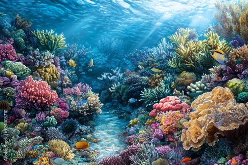 Coral reef ecosystem, diverse marine life complexity and beauty of underwater habitats