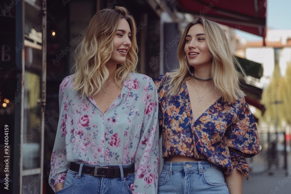 custom made wallpaper toronto digitalBlonde and brunette women in stylish loose jeans and floral trendy blouses walk and talk in good mood outside. Portrait of attractive girlfriends in city street