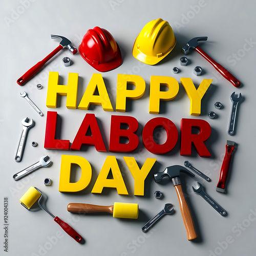 Happy Labor Day Background, Poster Banner Social Media post, With Bold 3D Text   Effect, Illustration  American Flag With Labor Day Timecard and Work Tools. photo