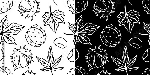 Vector seamless pattern with outlines of chestnuts in doodle style. Line art autumn background. Thanksgiving design. Concept of forest, leaf fall, nature.