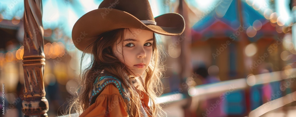 Obraz premium Cute girl dressed as a cowboy, posing happily at a famous theme park.