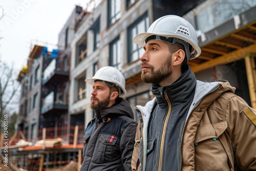 Two beautiful male architects wearing hardhats, inspecting a construction site.