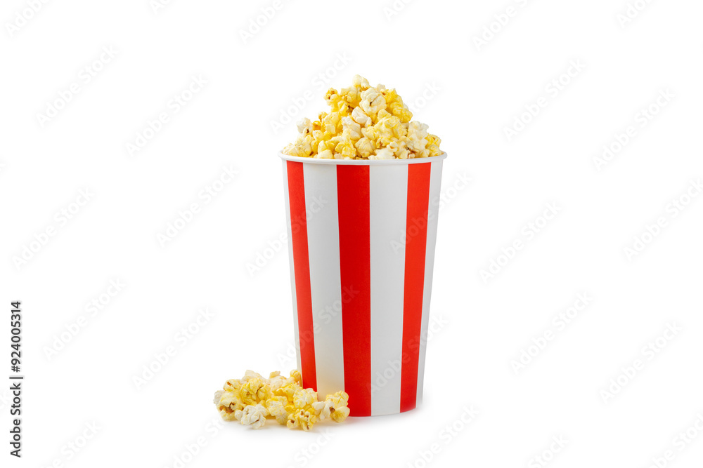 Popcorn box. Red and white striped buckets of salted popcorn isolated on white background. Cinema and entertainment concept. Movie night with popcorn. Delicious appetizer, snack.