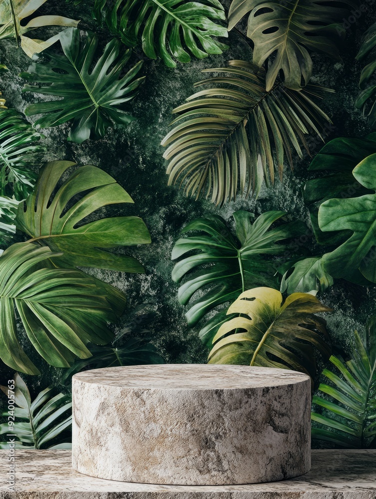 Fototapeta premium Stone podium against a background of tropical leaves , ai
