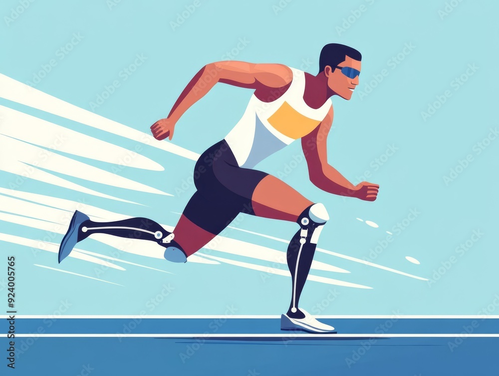 Obraz premium Paralympic sprinter with prosthetic leg, running on track, flat design illustration