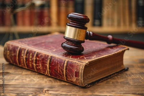 Beautiful law book and gavel on a wooden table in a courtroom, symbolizing justice and legal proceedings.