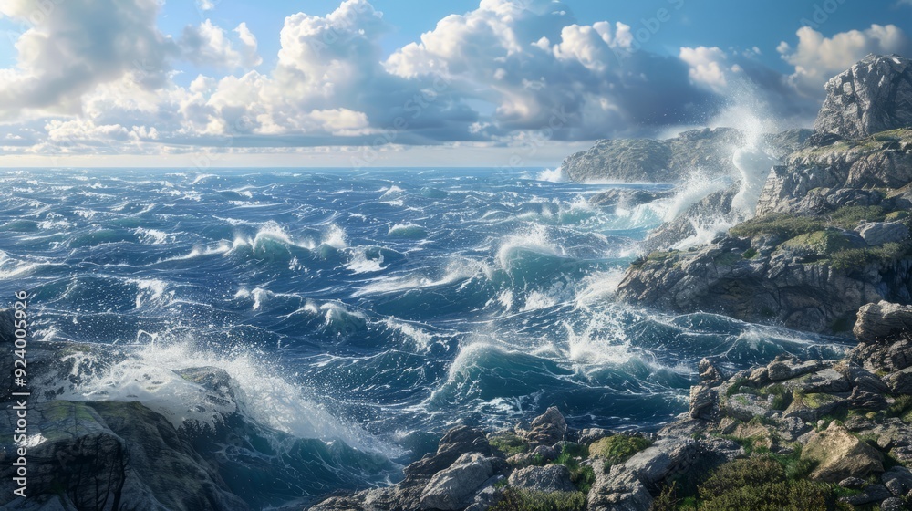 Wind sweeping across a rugged coastline, with crashing waves and swirling sea spray, Wind sweeping across a rugged coastline, with crashing waves and swirling sea spray,