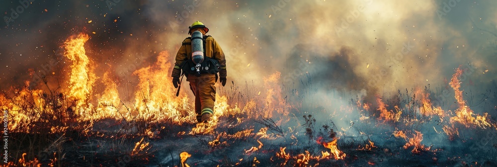 Fototapeta premium Firefighter battling a brush fire amidst intense flames