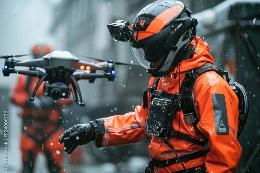 AI-Powered Disaster Response System: A command center using AI to coordinate disaster response efforts, deploying drones and robotic units for search and rescue. AI-Powered Disaster Response System: A command center using AI to coordinate disaster response efforts, deploying drones and robotic units for search and rescue.