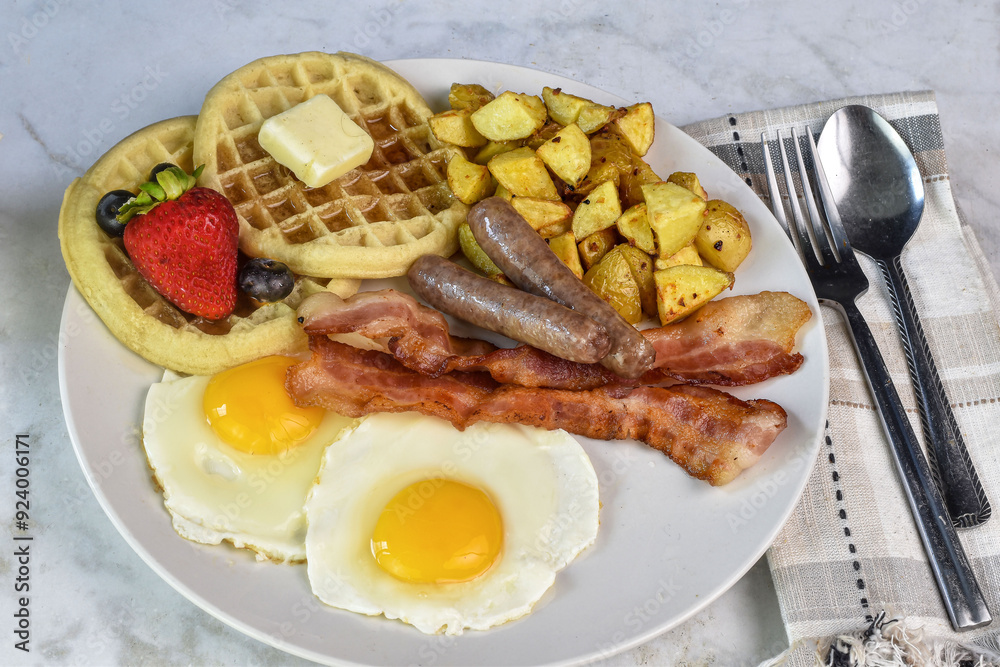 fried eggs with sausage , bacon and waffles fried eggs with sausage , bacon and waffles