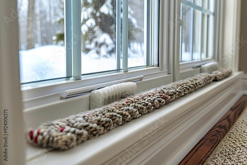 Beautiful draft excluder under window stopping cold air from traveling around in winter, helping to keep the warm air inside. photo