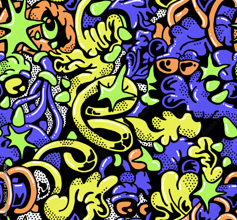 Abstract hand-drawn drawing of bright colors of chaotic shapes.Seamless pattern. Abstract hand-drawn drawing of bright colors of chaotic shapes.Seamless pattern.