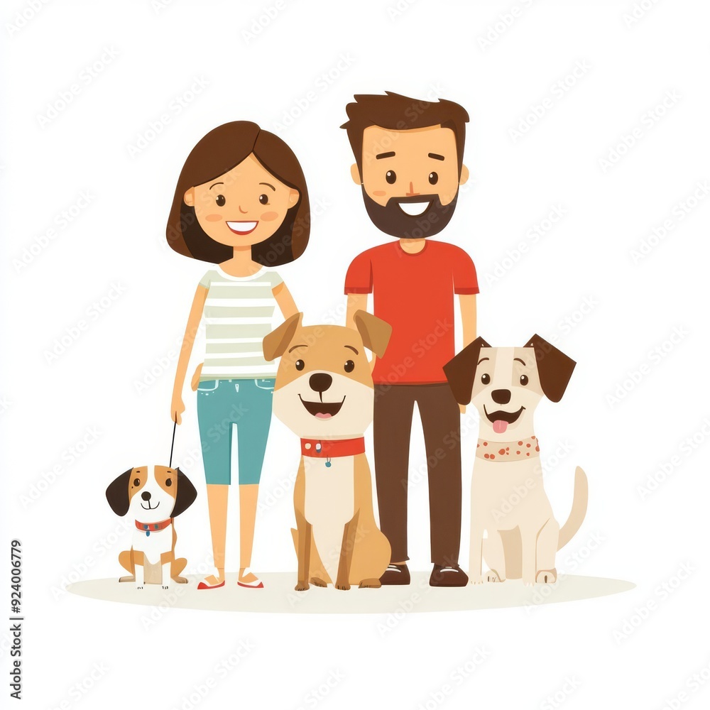 Family with pets, standing and smiling, white background, flat design illustration