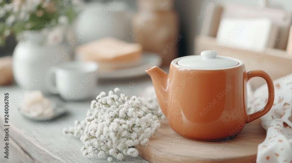 A rustic setting with an orange teapot placed beside baby's breath flowers on a wooden surface, conveying a tranquil and homey atmosphere for a pleasant tea time. A rustic setting with an orange teapot placed beside baby's breath flowers on a wooden surface, conveying a tranquil and homey atmosphere for a pleasant tea time.