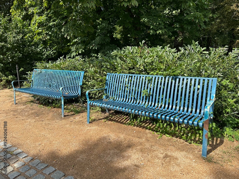empty benches for rest in the park summer day green foliage empty benches for rest in the park summer day green foliage
