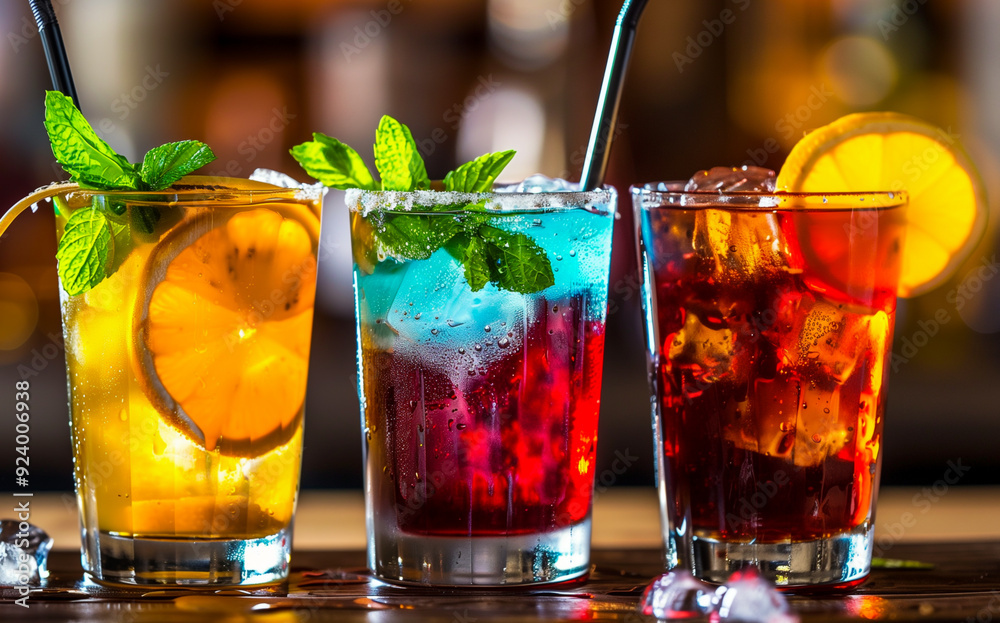 Three colorful drinks with fruits and ice on a table in a bar. Refreshing summer cocktails Three colorful drinks with fruits and ice on a table in a bar. Refreshing summer cocktails