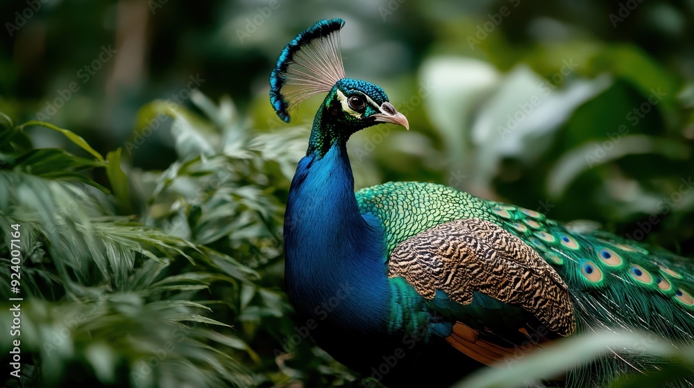 A magnificent peacock with a display of enchanting feathers stands amongst vibrant and thick foliage, epitomizing beauty, grace, and the splendor of nature. A magnificent peacock with a display of enchanting feathers stands amongst vibrant and thick foliage, epitomizing beauty, grace, and the splendor of nature.