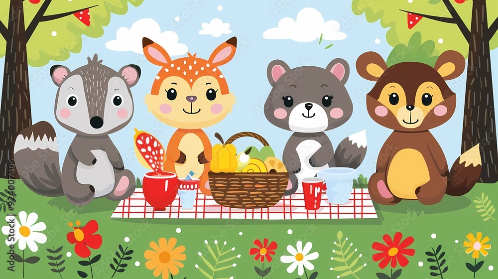 Fototapeta premium Four cartoon animals enjoying a picnic in a forest clearing.