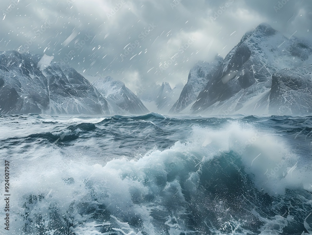 Fototapeta premium Dramatic Storm Tossed Ocean with Towering Snowy Mountains in Winter