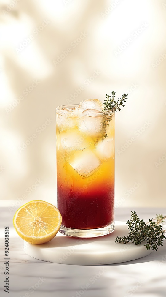 A tall, pastel orange and red gradient glass filled with ice cubes to the top A tall, pastel orange and red gradient glass filled with ice cubes to the top