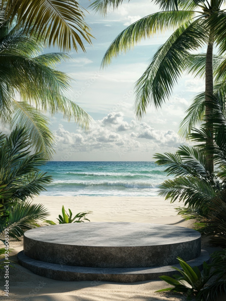 Fototapeta premium Stone podium on the beach with palm trees, sea surface, ai