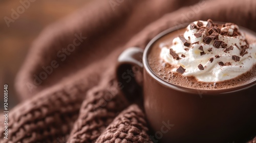 A rustic mug filled with hot chocolate topped with whipped cream and chocolate shavings, embraced by the warmth of a cozy knit blanket conveying a sense of comfort.