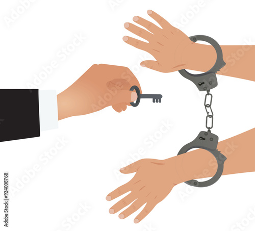 Hand hold key to unlock handcuffs. vector