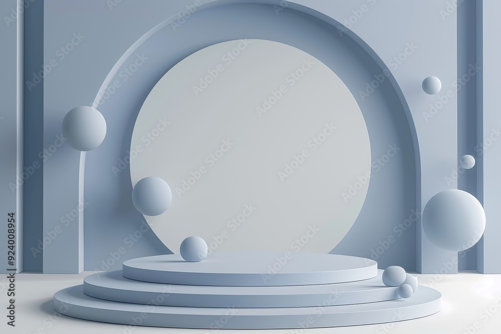 Minimalist geometric shapes and podium in soft blue tones for a clean and modern look Minimalist geometric shapes and podium in soft blue tones for a clean and modern look