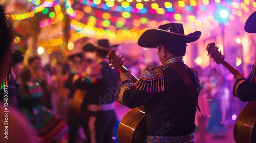 A mariachi band captivates the crowd, filling the air with lively music and vibrant costumes.