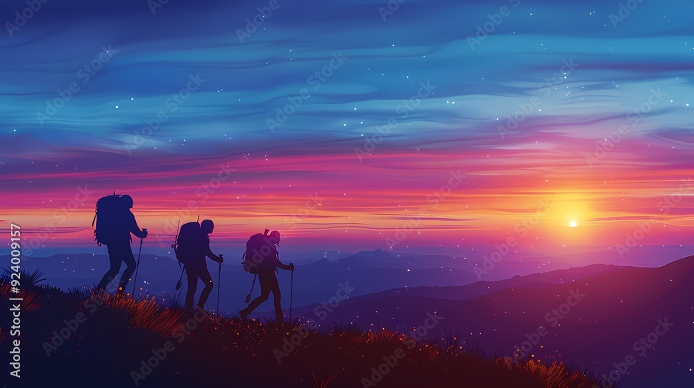 Fototapeta premium Three hikers silhouetted against a vibrant sunset over a mountainous landscape.