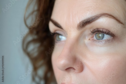 Patient face after a forehead lift, changes in forehead smoothness and brow elevation photo