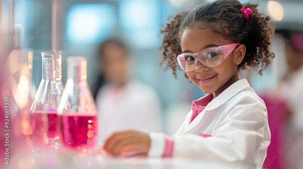 Young girl scientist in lab coat and safety glasses looking at pink liquid in beakers Young girl scientist in lab coat and safety glasses looking at pink liquid in beakers