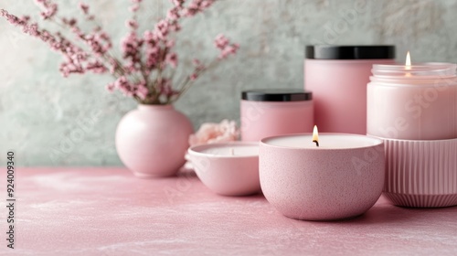 A collection of pink candles in various containers with pink flowers in a vase, arranged on a pink surface creating a serene and romantic atmosphere.