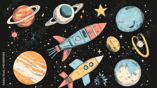 Cutee outer space set with doodle spaceships and planets, a collection of naive stellar stickers photo