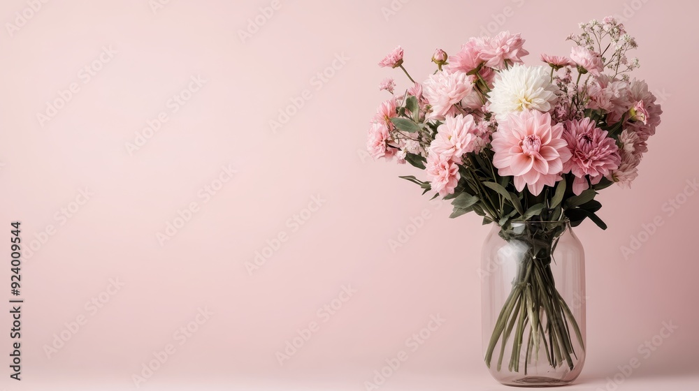 A sophisticated bouquet of various pink and white flowers elegantly displayed in a clear glass jar, positioned against a serene pink background, perfect for art and decor lovers. A sophisticated bouquet of various pink and white flowers elegantly displayed in a clear glass jar, positioned against a serene pink background, perfect for art and decor lovers.